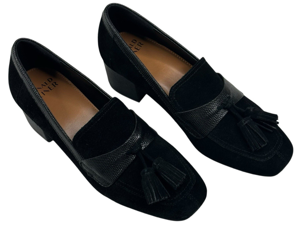 Donald Pliner Kressida Womens Black Suede Heeled Loafer Size 7 Tasseled New $238